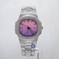 Round Moissanite Automatic Movement Nautilus Pink Dial Stainless Steel Watch