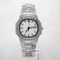 Moissanite Cushion Shape Case Hip Hop Automatic Analog Bracelet Stainless Steel Wristwatch