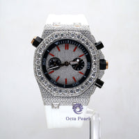 Iced Out VVS Round Moissanite White Rubber Strap Watch For Daily Wear