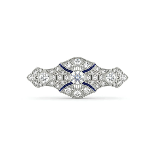 Art Deco Vintage CZ Brooch with Round Center Stone & Blue Accent Design