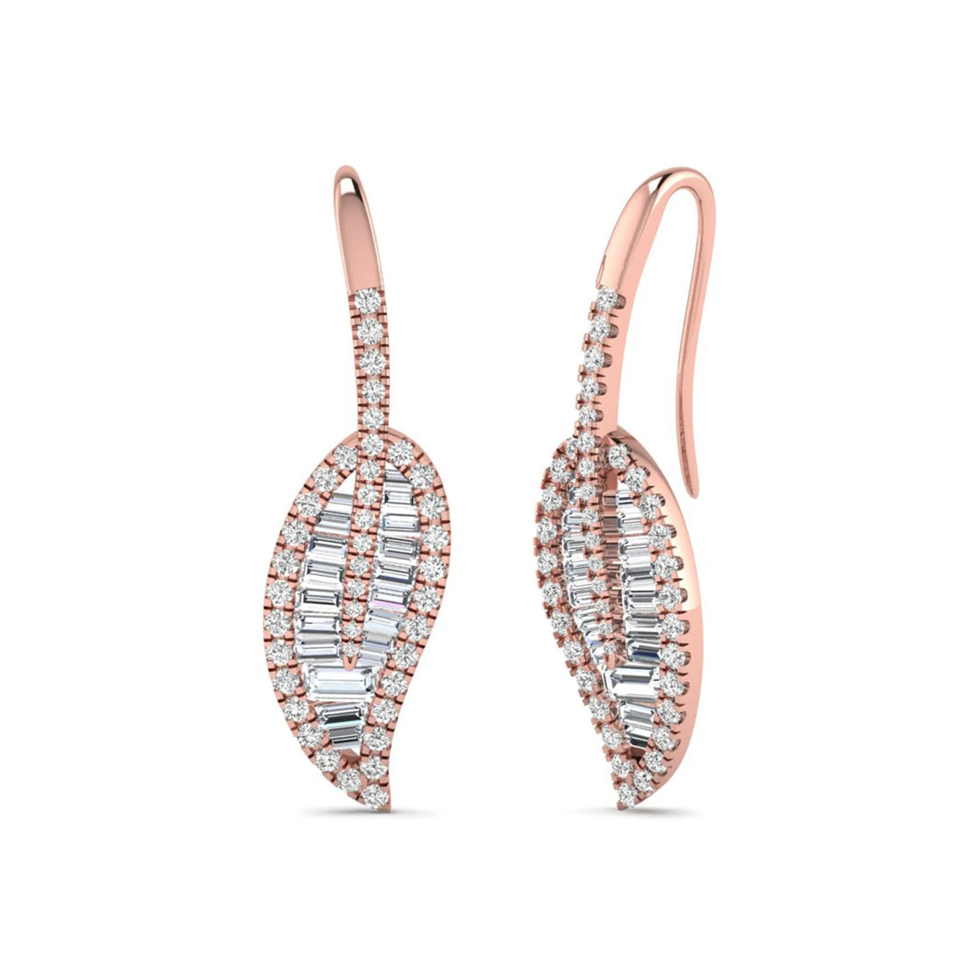 OctaPearl Baguette & Round Cut Lab Grown Diamond Leaf Drop Earrings