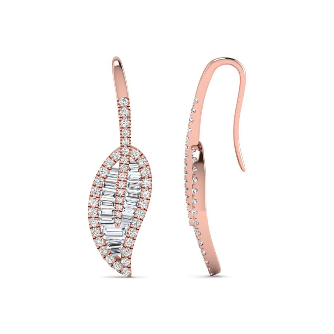 OctaPearl Baguette & Round Cut Lab Grown Diamond Leaf Drop Earrings