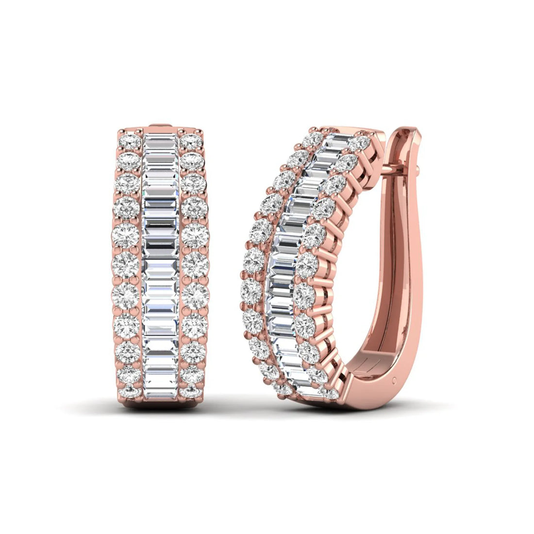 OctaPearl Baguette & Round Double Row Lab Grown Diamond Hoop Earrings