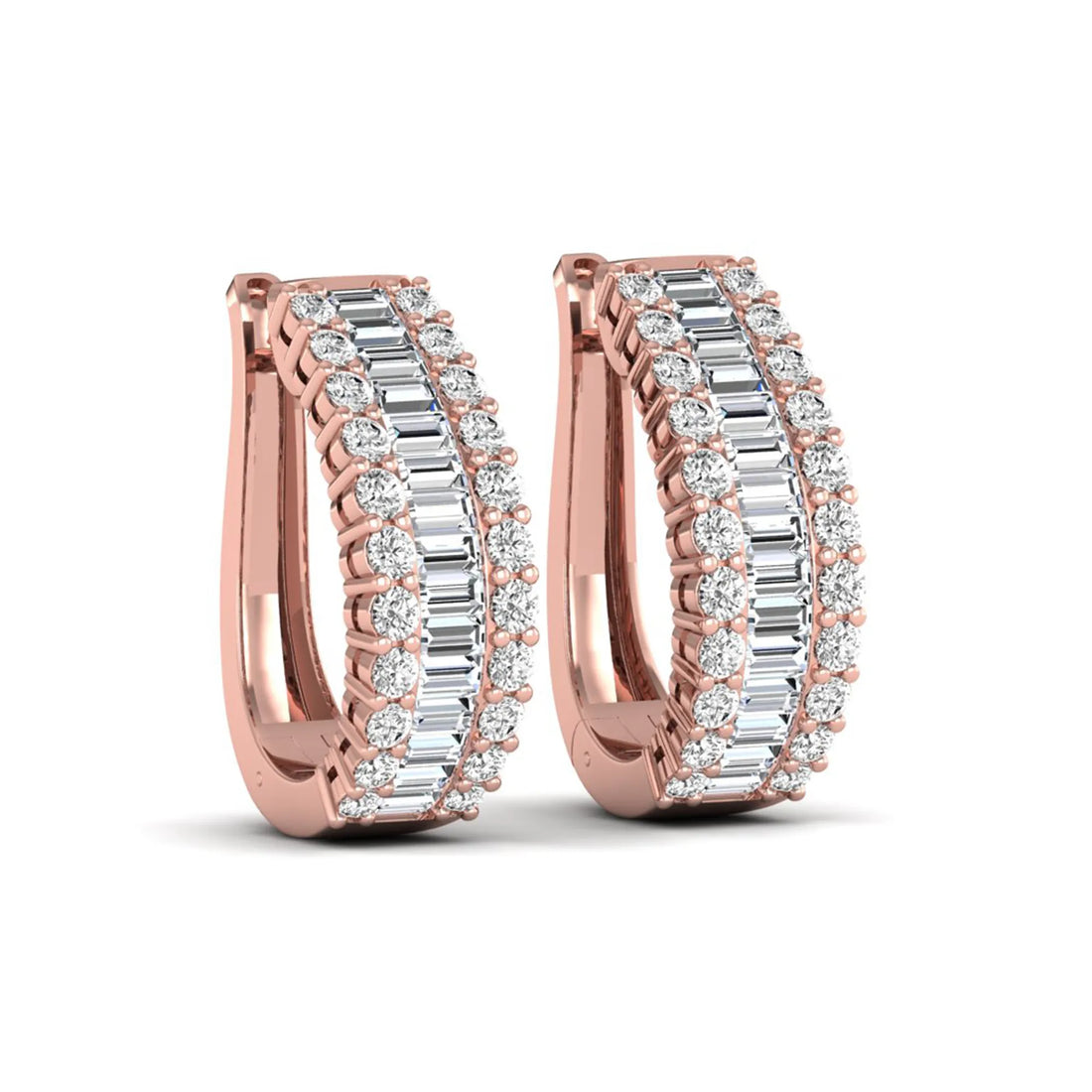 OctaPearl Baguette & Round Double Row Lab Grown Diamond Hoop Earrings