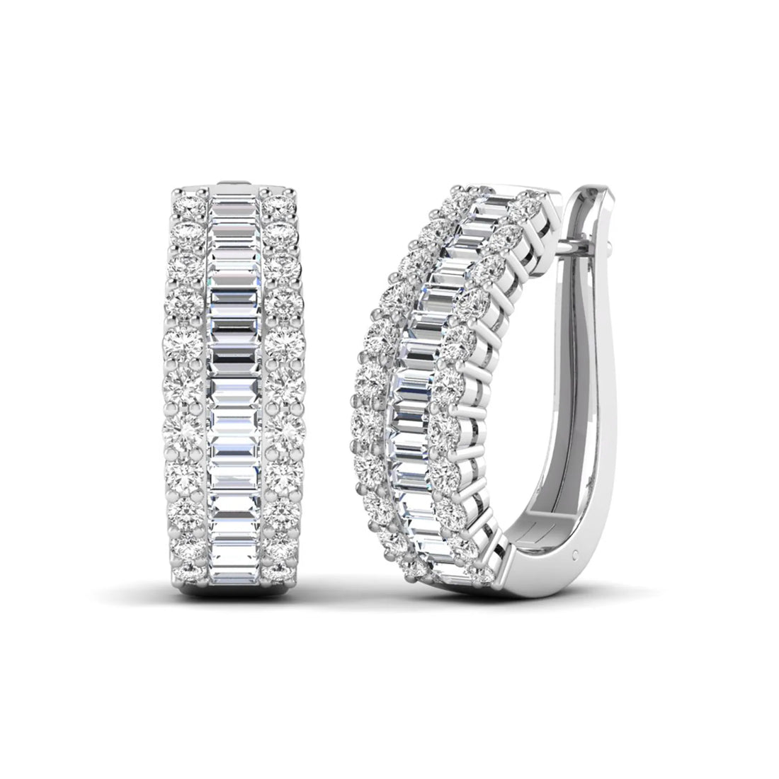 OctaPearl Baguette & Round Double Row Lab Grown Diamond Hoop Earrings