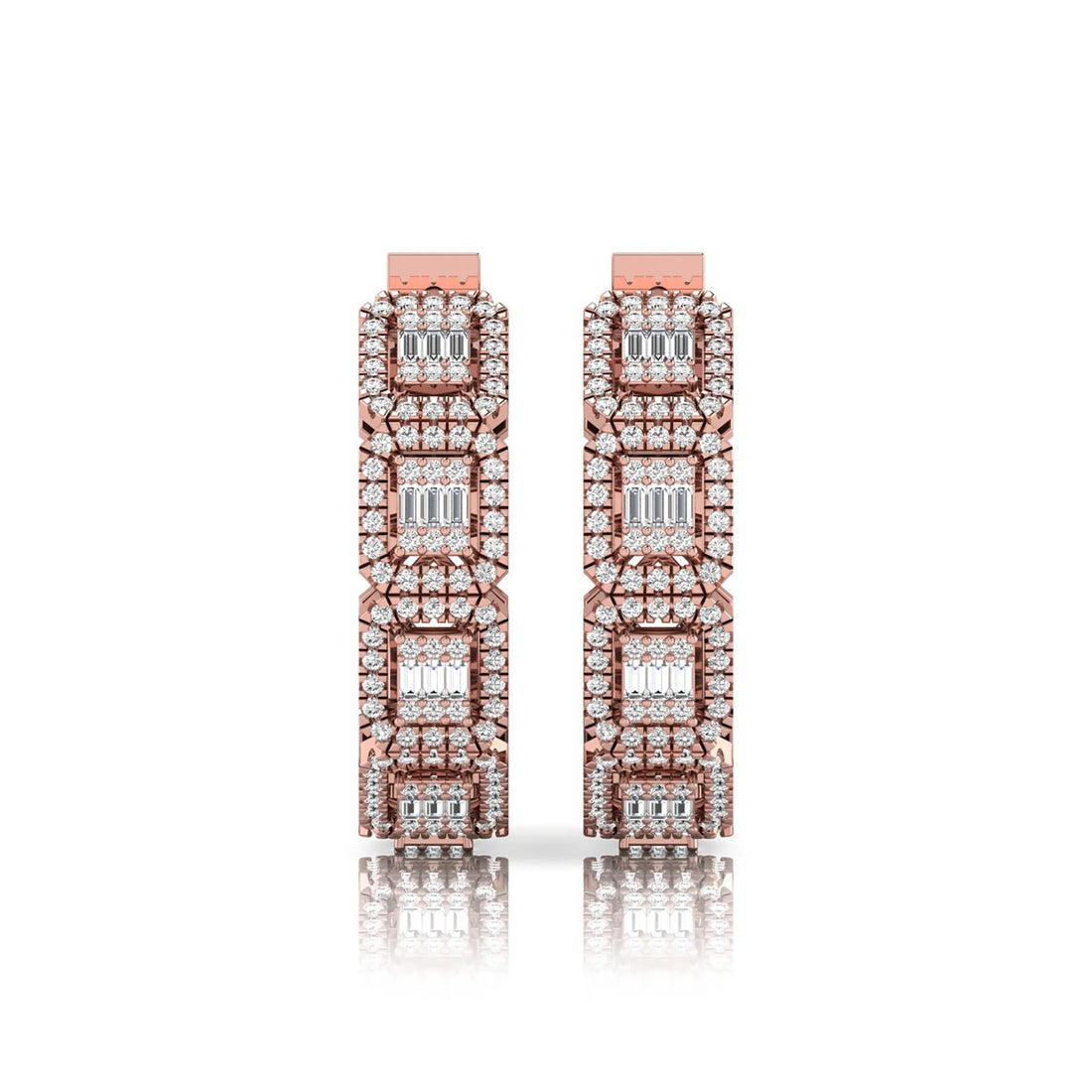 OctaPearl Baguette & Round Lab Grown Diamond Halo Huggie Hoop Earrings