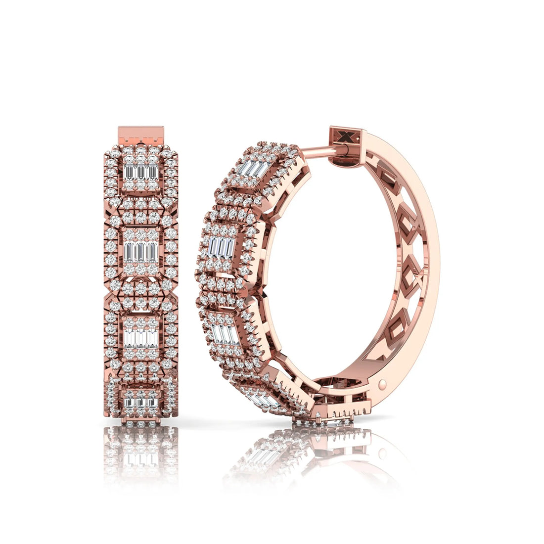OctaPearl Baguette & Round Lab Grown Diamond Halo Huggie Hoop Earrings
