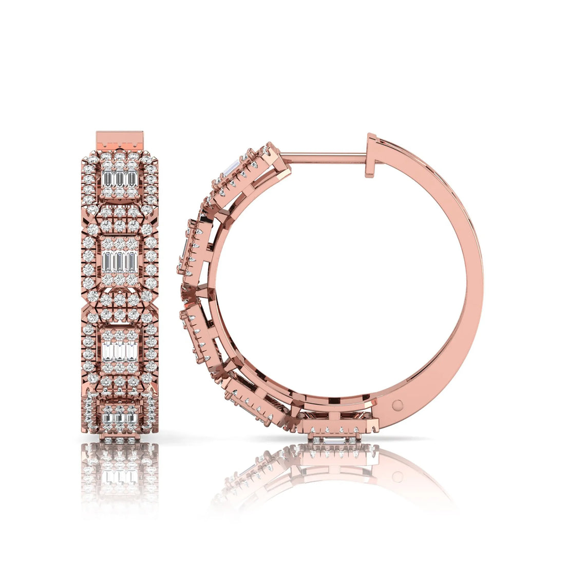 OctaPearl Baguette & Round Lab Grown Diamond Halo Huggie Hoop Earrings