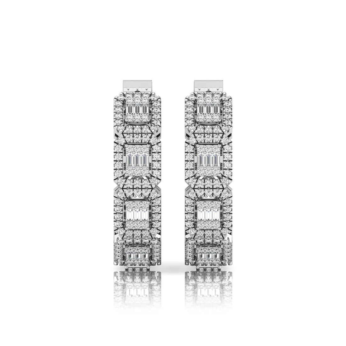 OctaPearl Baguette & Round Lab Grown Diamond Halo Huggie Hoop Earrings