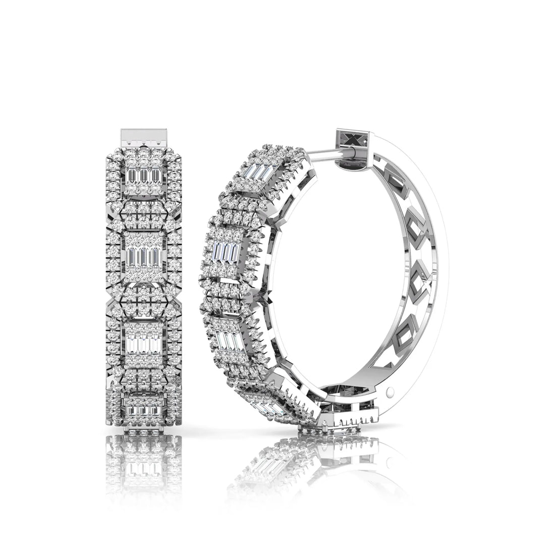OctaPearl Baguette & Round Lab Grown Diamond Halo Huggie Hoop Earrings