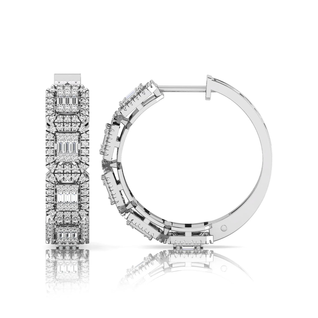 OctaPearl Baguette & Round Lab Grown Diamond Halo Huggie Hoop Earrings