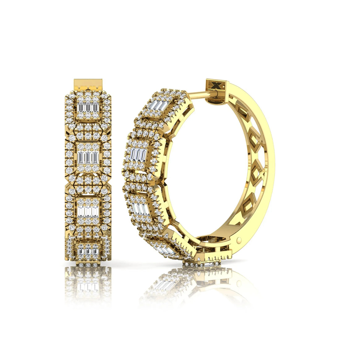 OctaPearl Baguette & Round Lab Grown Diamond Halo Huggie Hoop Earrings