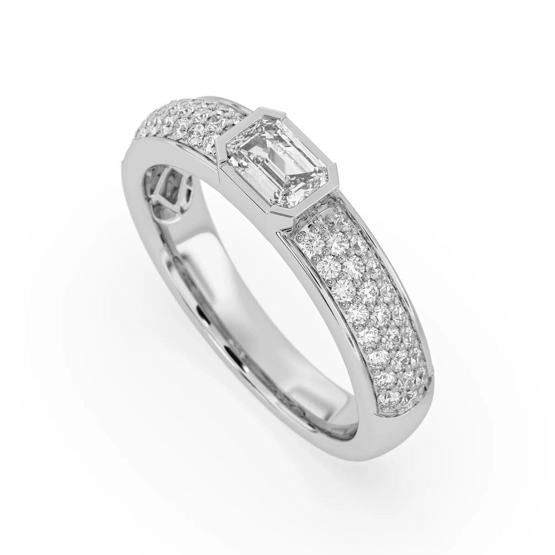 OctaPearl Bezel Set East West Emerald Lab Grown Diamond Pavé Engagement Ring