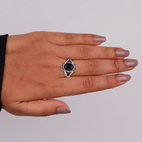 Black Oval Cut Cubic Zirconia Victorian halo statement ring with ornate scrollwork detailing and vintage-inspired design