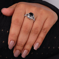 Black Oval Cut Cubic Zirconia Victorian halo statement ring with ornate scrollwork detailing and vintage-inspired design