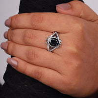 Black Oval Cut Cubic Zirconia Victorian halo statement ring with ornate scrollwork detailing and vintage-inspired design
