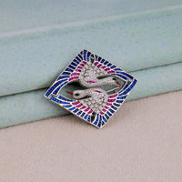 Blue & Pink CZ Double Heron Brooch Pin Geometric Hip Hop Statement Jewelry