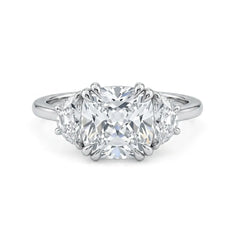 Cushion Cut CZ Three Stone Engagement Ring with Half Moon Side Stones