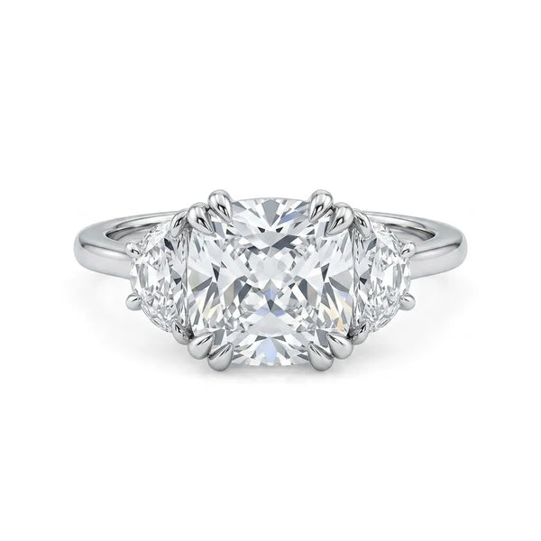 Cushion Cut CZ Three Stone Engagement Ring with Half Moon Side Stones