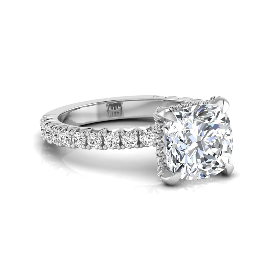 OctaPearl 3 ct Cushion Cut Prong Set Lab Grown Diamond Engagement Ring with Pavé Band