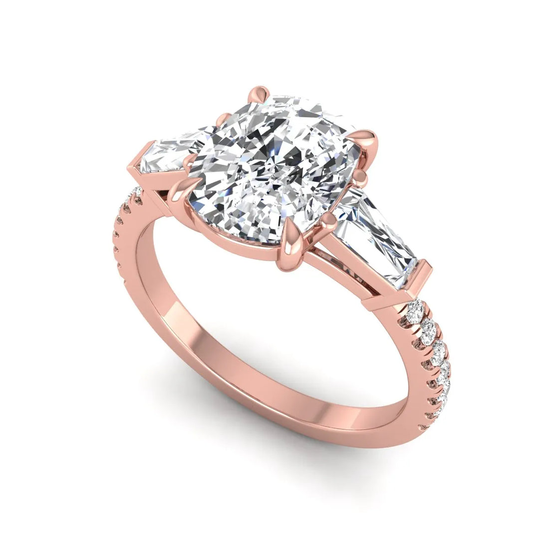 OctaPearl 3 ct Cushion Cut Three Stone Baguette Lab Grown Diamond Engagement Ring