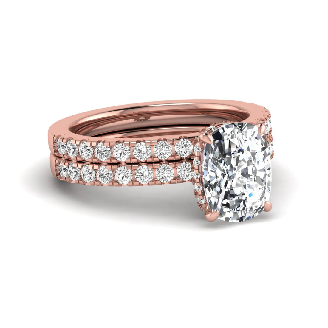OctaPearl 3 ct Cushion Hidden Halo Lab Grown Diamond Bridal Ring Set