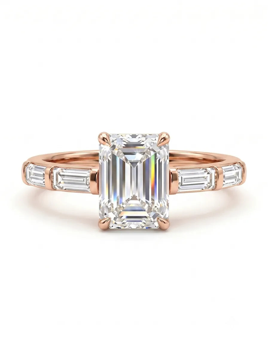 OctaPearl 1 ct Emerald Cut Baguette Side Lab Grown Diamond Engagement Ring