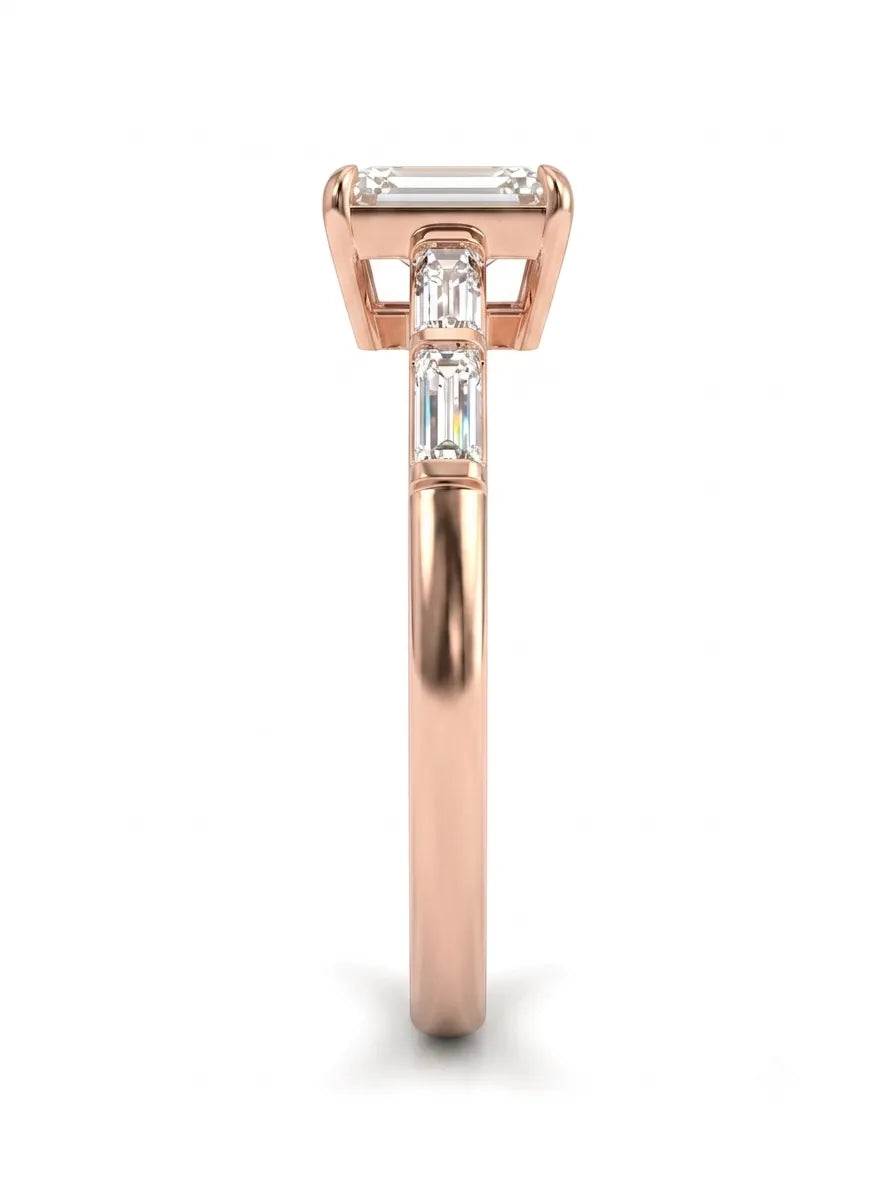 OctaPearl 1 ct Emerald Cut Baguette Side Lab Grown Diamond Engagement Ring