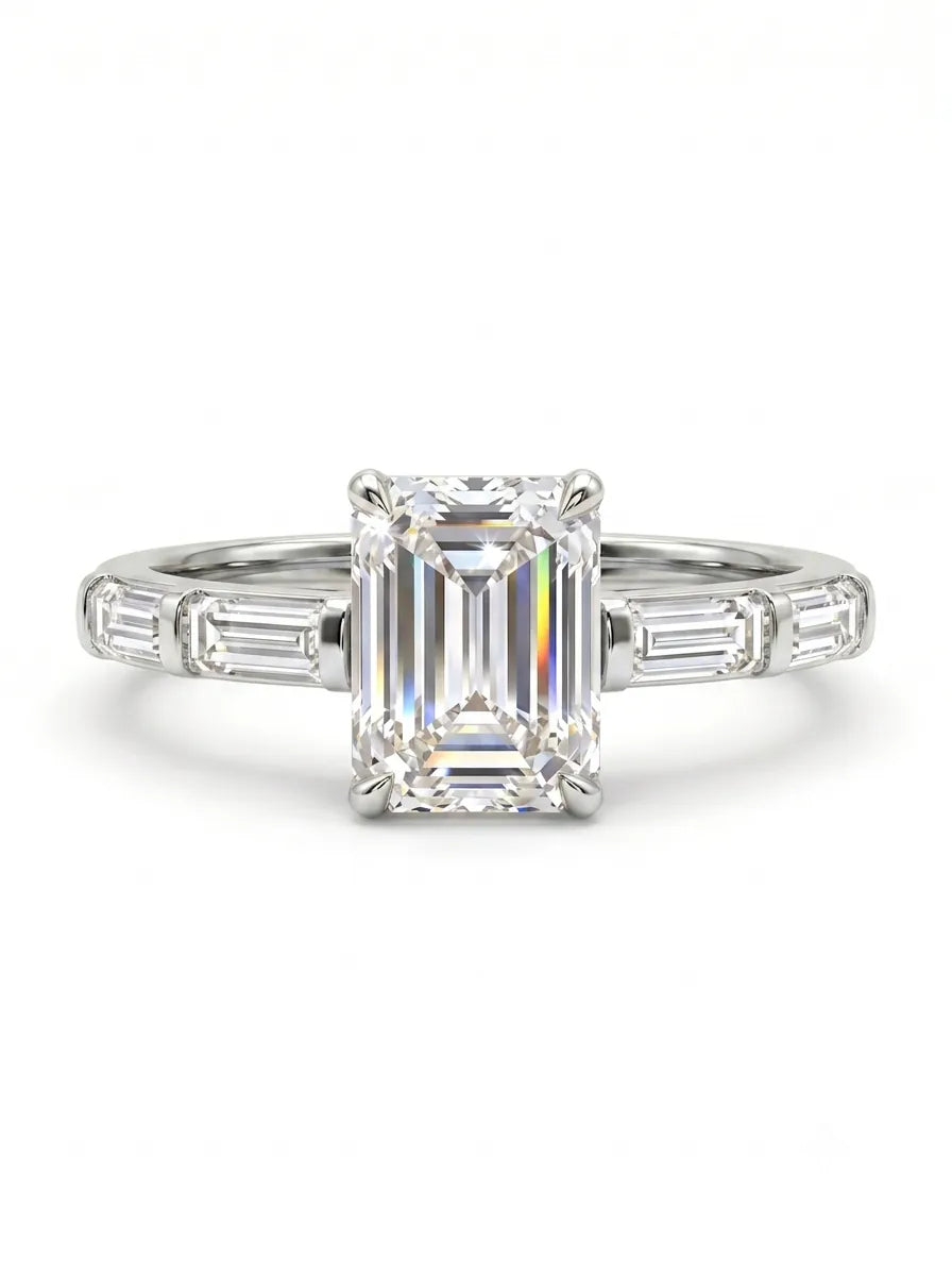 OctaPearl 1 ct Emerald Cut Baguette Side Lab Grown Diamond Engagement Ring