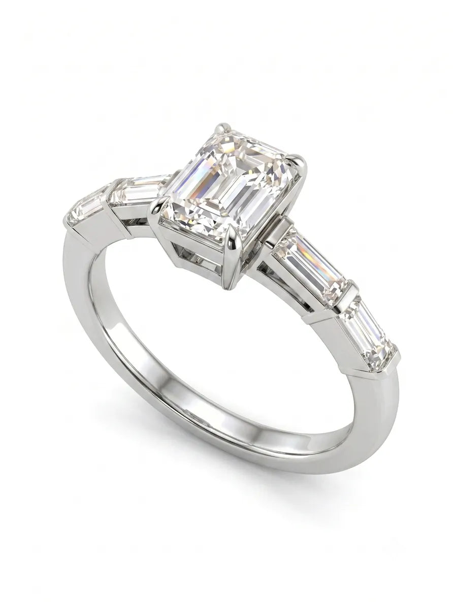 OctaPearl 1 ct Emerald Cut Baguette Side Lab Grown Diamond Engagement Ring