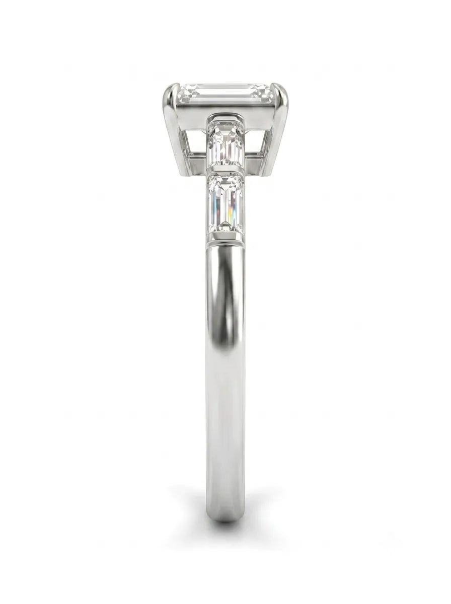OctaPearl 1 ct Emerald Cut Baguette Side Lab Grown Diamond Engagement Ring