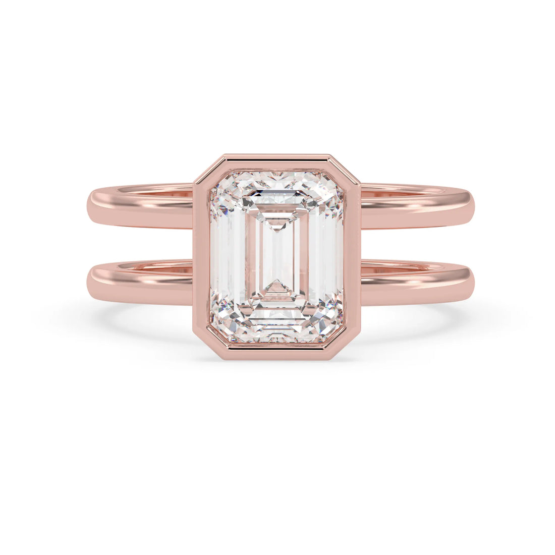 OctaPearl Bezel Set Emerald Lab Grown Diamond Double Band Solitaire Engagement Ring