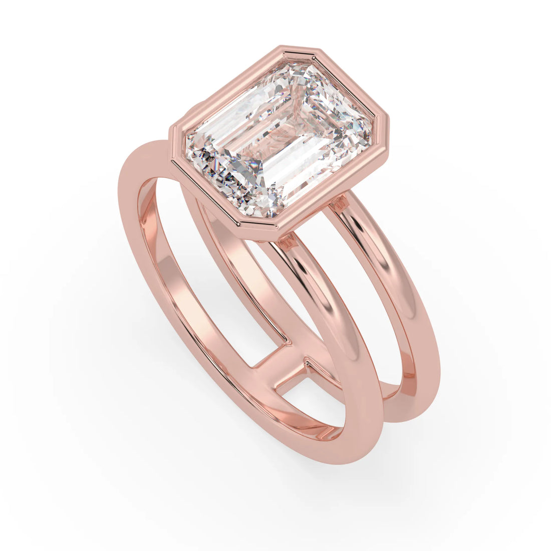 OctaPearl Bezel Set Emerald Lab Grown Diamond Double Band Solitaire Engagement Ring