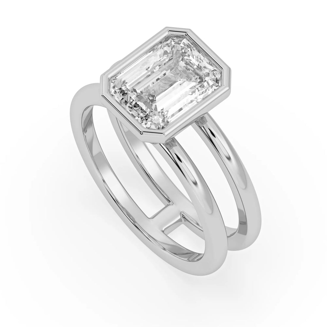 OctaPearl Bezel Set Emerald Lab Grown Diamond Double Band Solitaire Engagement Ring