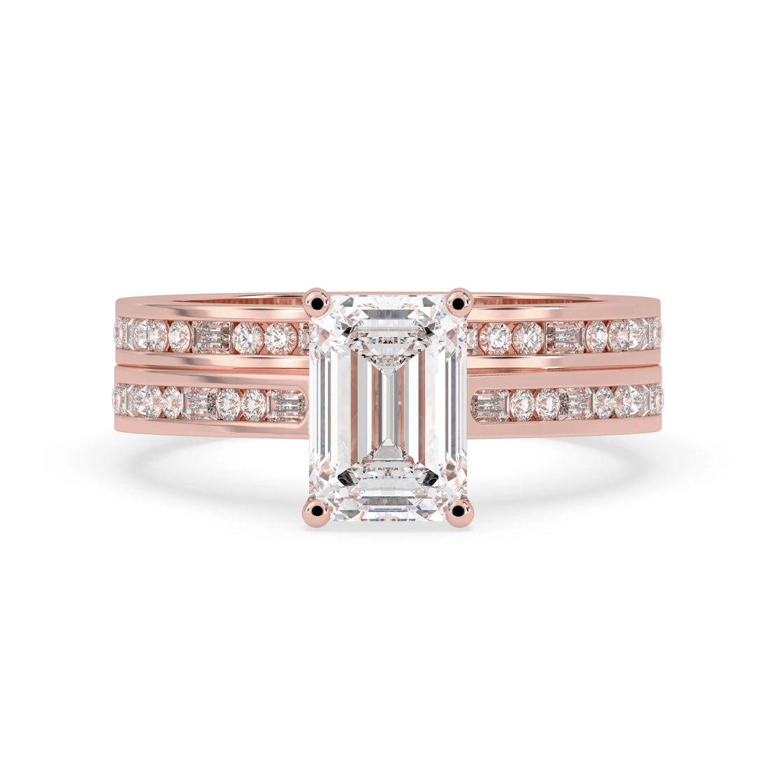 OctaPearl 2 ct Emerald Cut Lab Grown Diamond Pave Wedding Bridal Ring Set