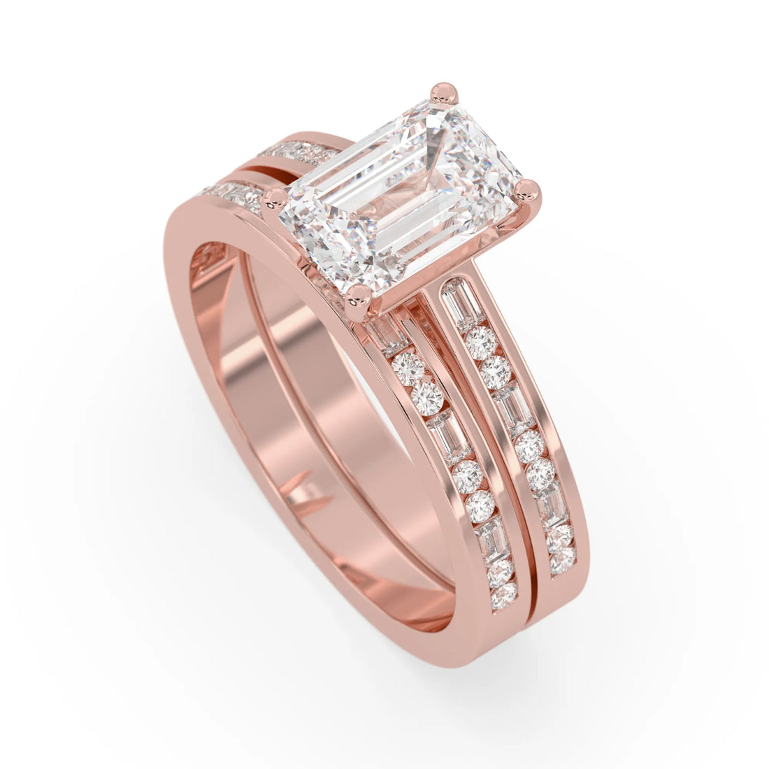 OctaPearl 2 ct Emerald Cut Lab Grown Diamond Pave Wedding Bridal Ring Set