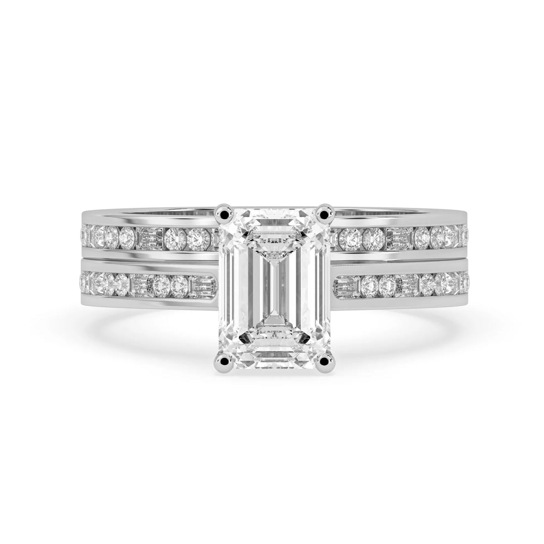 OctaPearl 2 ct Emerald Cut Lab Grown Diamond Pave Wedding Bridal Ring Set