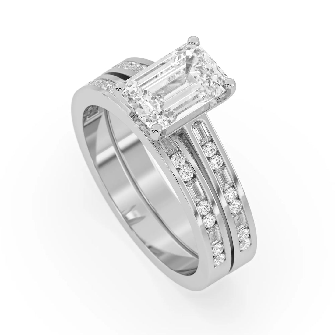 OctaPearl 2 ct Emerald Cut Lab Grown Diamond Pave Wedding Bridal Ring Set