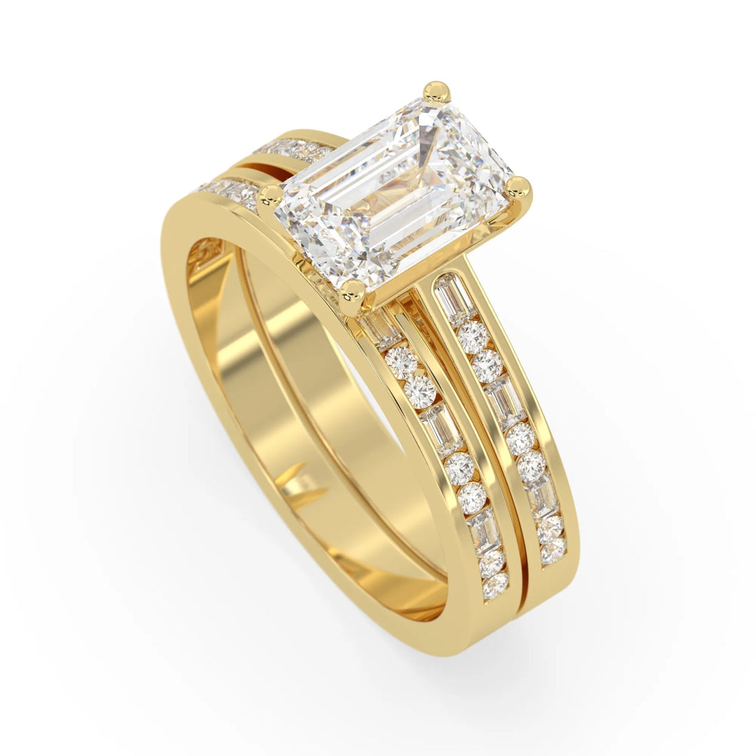 OctaPearl 2 ct Emerald Cut Lab Grown Diamond Pave Wedding Bridal Ring Set