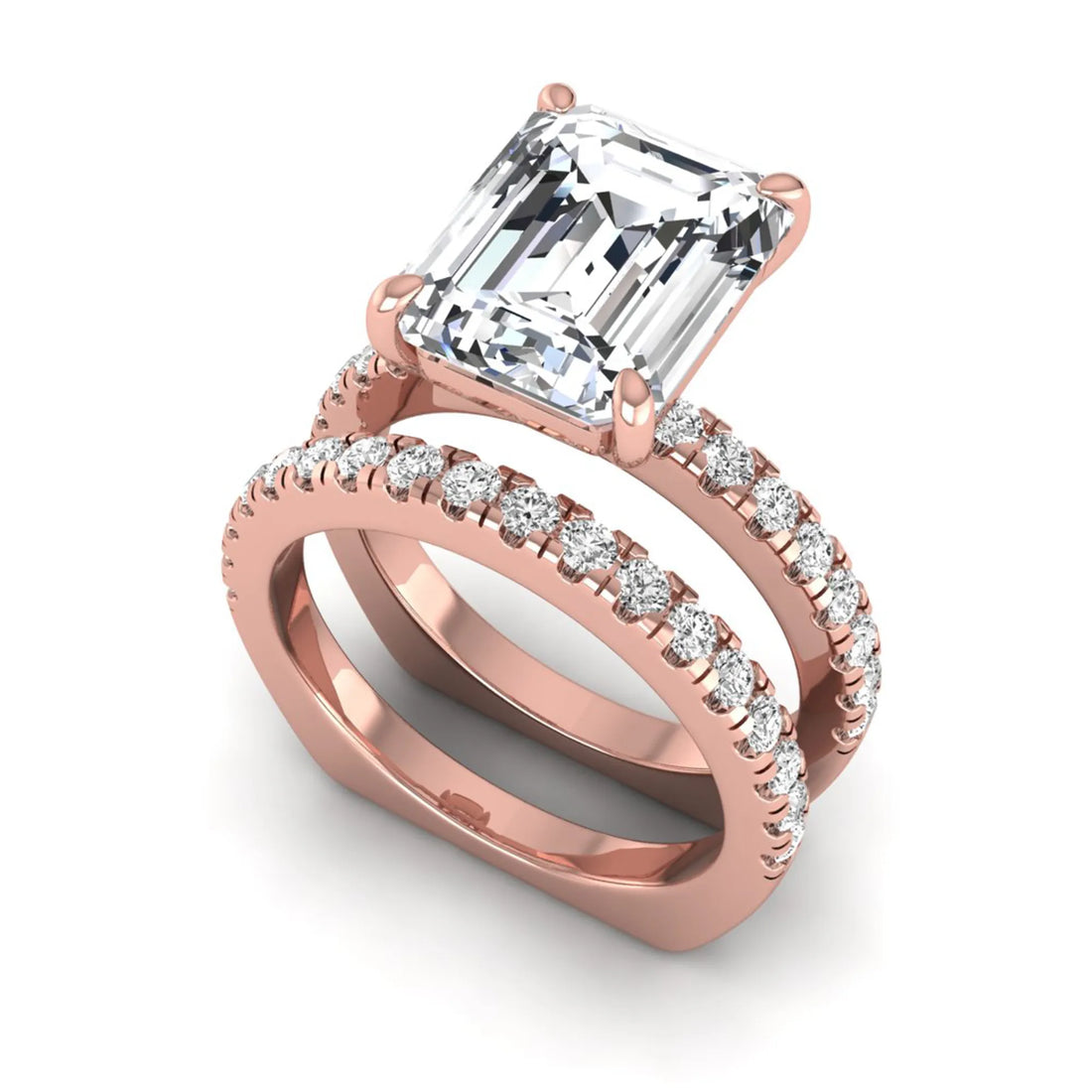 OctaPearl 5 ct Emerald Cut Lab Grown Diamond Euro Shank Bridal Ring Set