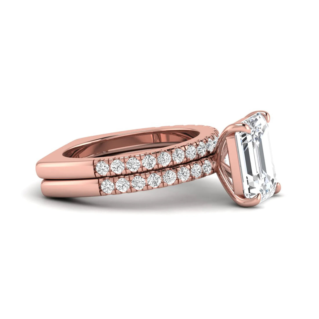 OctaPearl 5 ct Emerald Cut Lab Grown Diamond Euro Shank Bridal Ring Set
