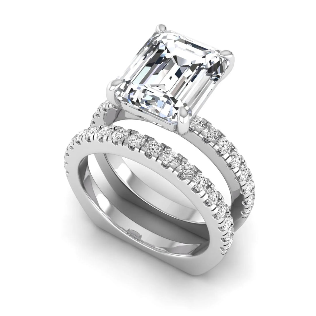 OctaPearl 5 ct Emerald Cut Lab Grown Diamond Euro Shank Bridal Ring Set