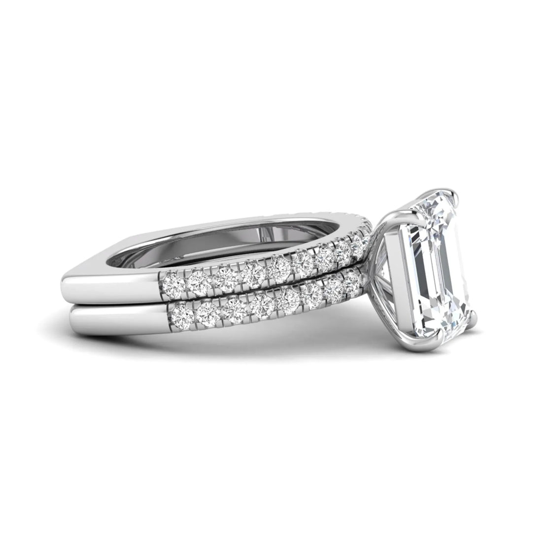 OctaPearl 5 ct Emerald Cut Lab Grown Diamond Euro Shank Bridal Ring Set