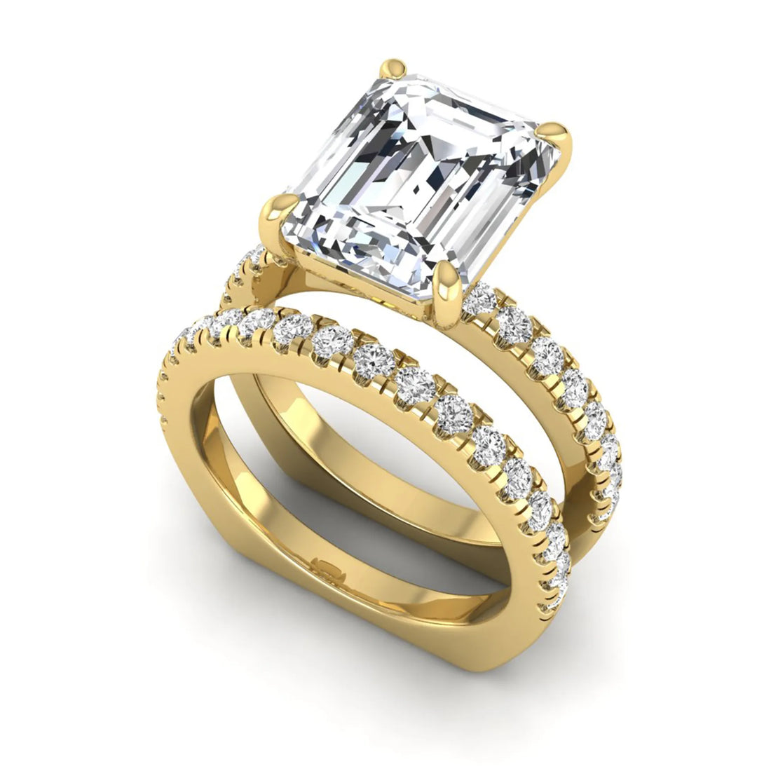 OctaPearl 5 ct Emerald Cut Lab Grown Diamond Euro Shank Bridal Ring Set