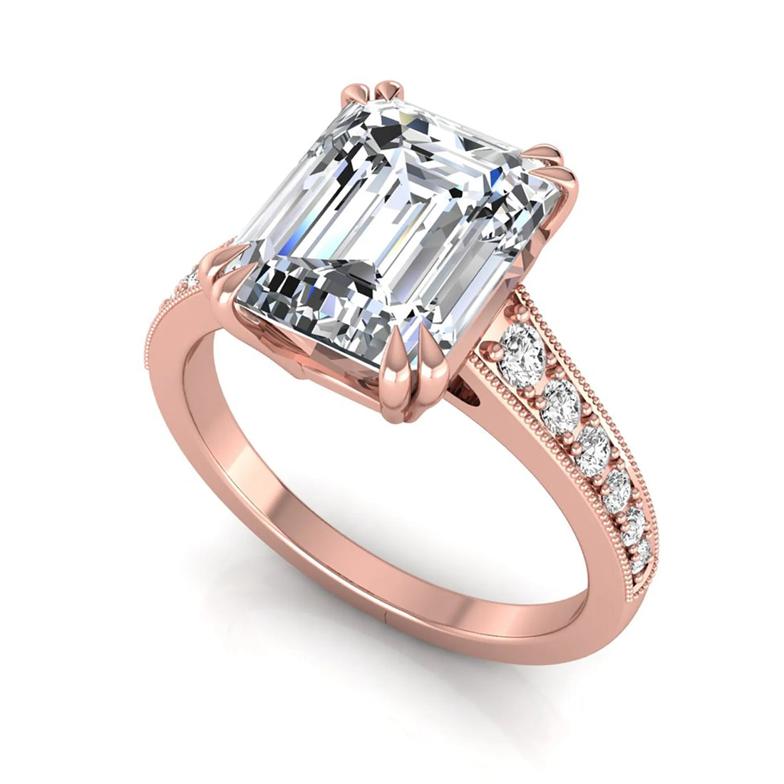 OctaPearl 4 ct Emerald Cut Lab Grown Diamond Milgrain Side Stone Engagement Ring