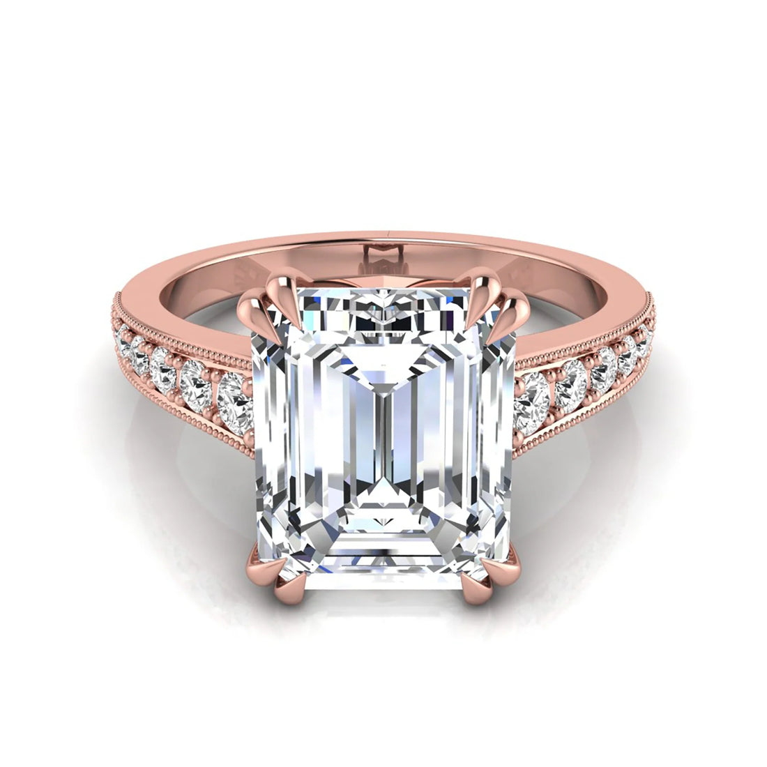 OctaPearl 4 ct Emerald Cut Lab Grown Diamond Milgrain Side Stone Engagement Ring