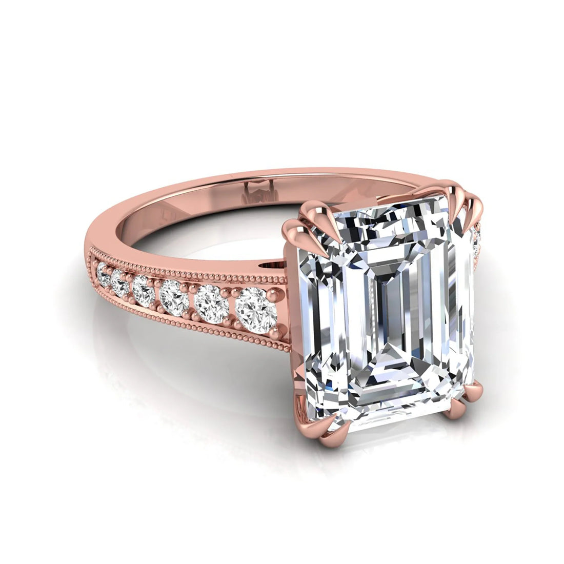 OctaPearl 4 ct Emerald Cut Lab Grown Diamond Milgrain Side Stone Engagement Ring