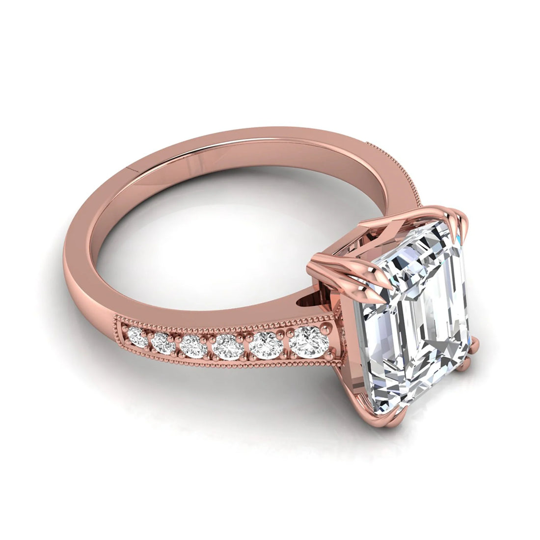OctaPearl 4 ct Emerald Cut Lab Grown Diamond Milgrain Side Stone Engagement Ring