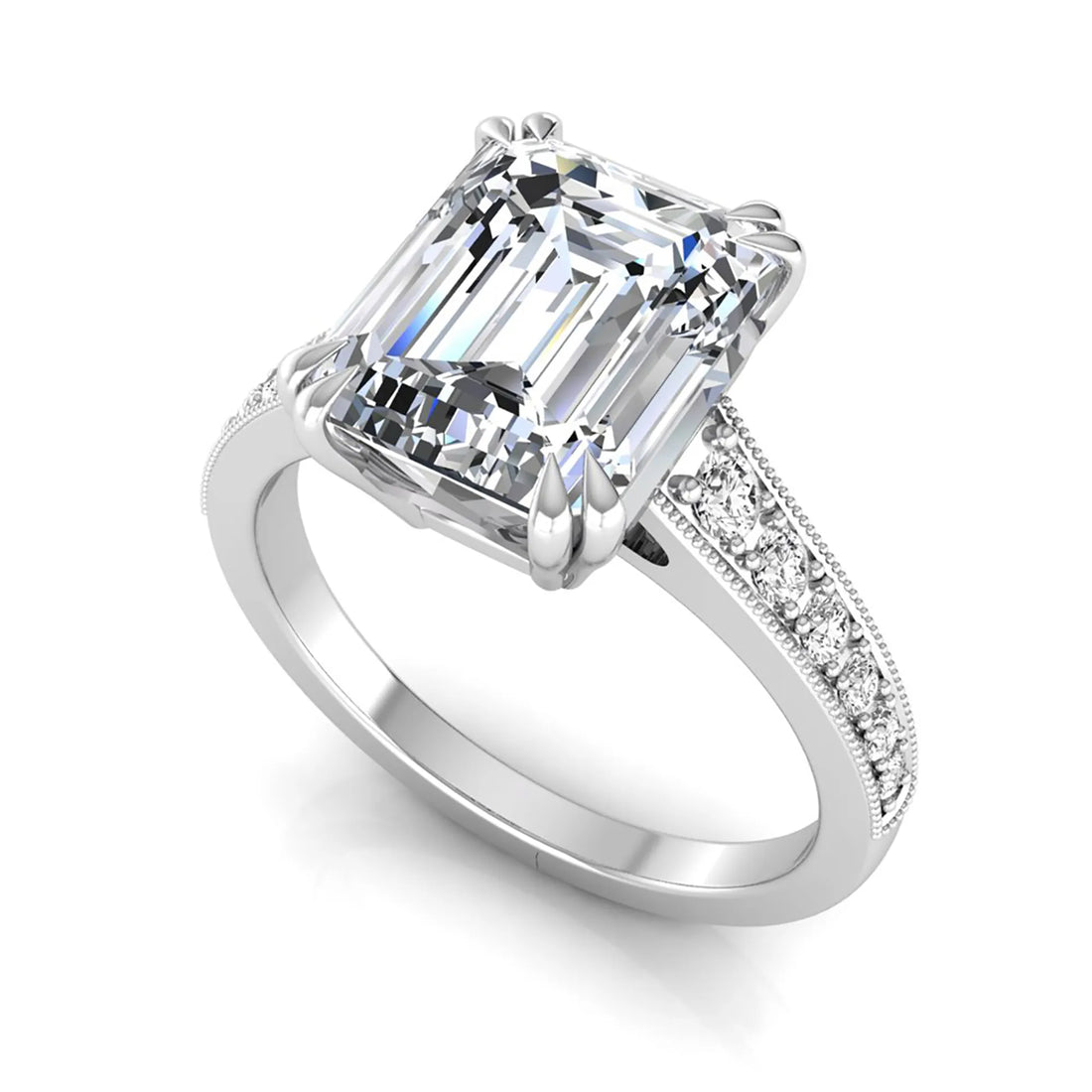OctaPearl 4 ct Emerald Cut Lab Grown Diamond Milgrain Side Stone Engagement Ring