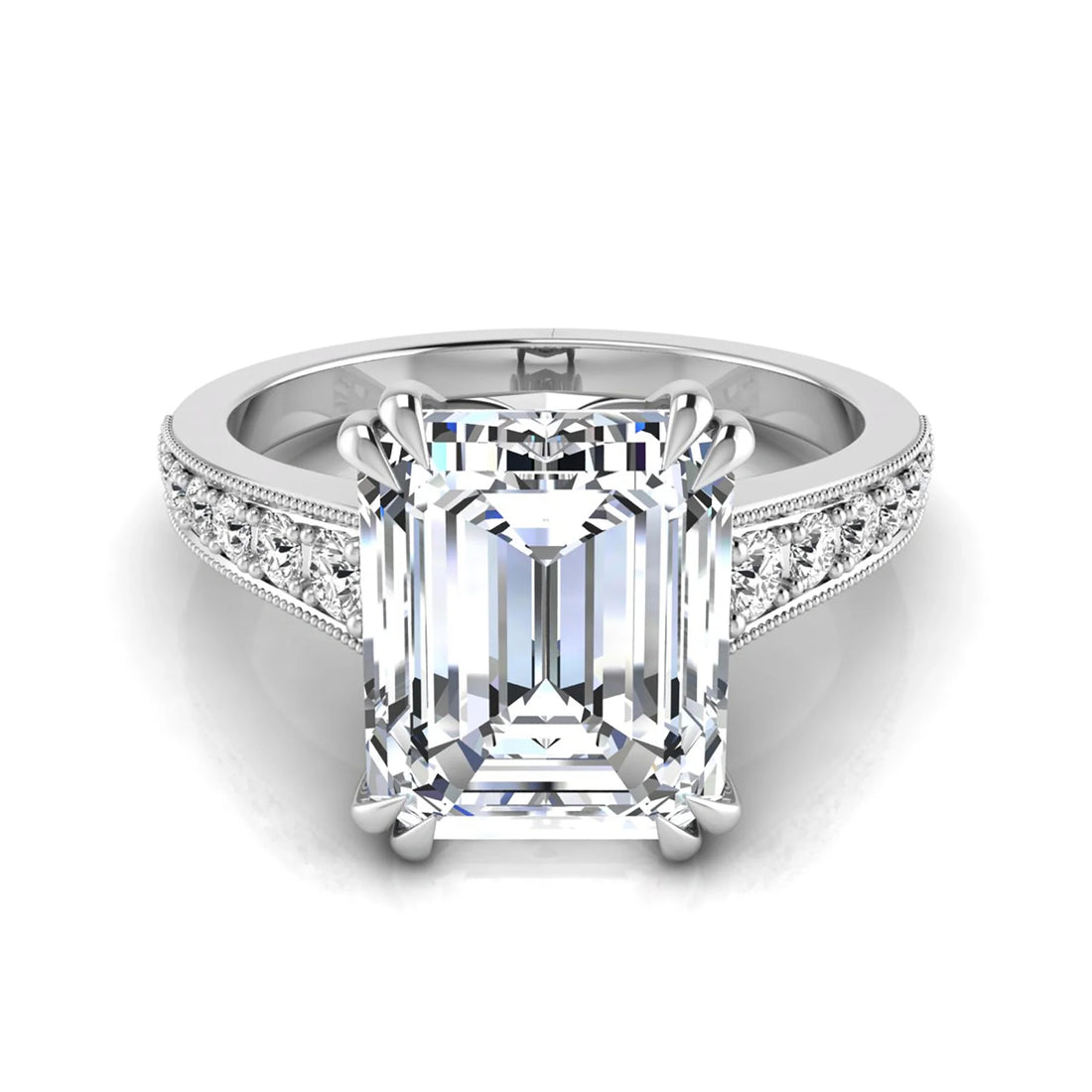 OctaPearl 4 ct Emerald Cut Lab Grown Diamond Milgrain Side Stone Engagement Ring